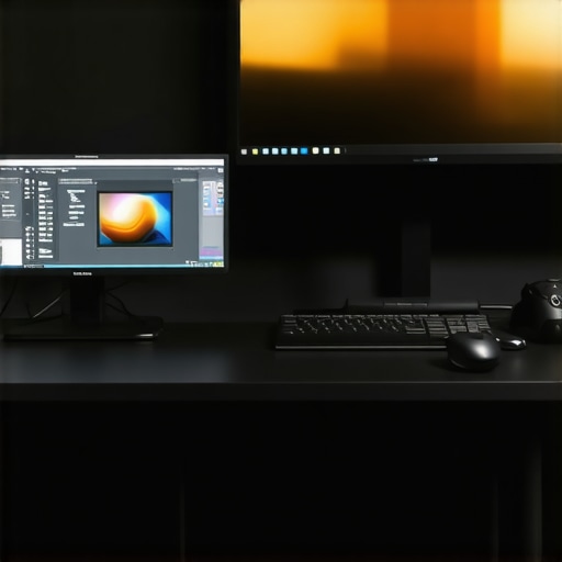 A modern office setup showing a calibrated professional monitor with tools and ergonomic furniture.