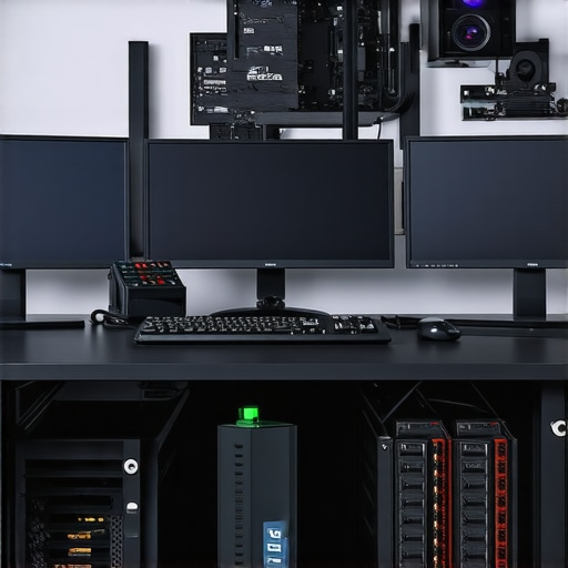 Detailed image of a high-end workstation setup with monitors, cooling, and SSD storage