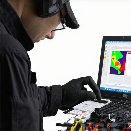 Technician using diagnostic tools and thermal camera to monitor a workstation's health.