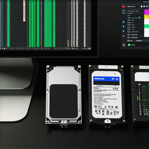 Professional workstation setup with monitoring tools Close-up of a workstation desk showing monitor, SSDs, and software interface for system monitoring.
