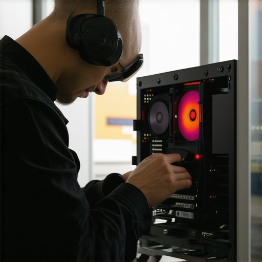 Person using thermal camera to check PC hotspots in a well-lit workshop