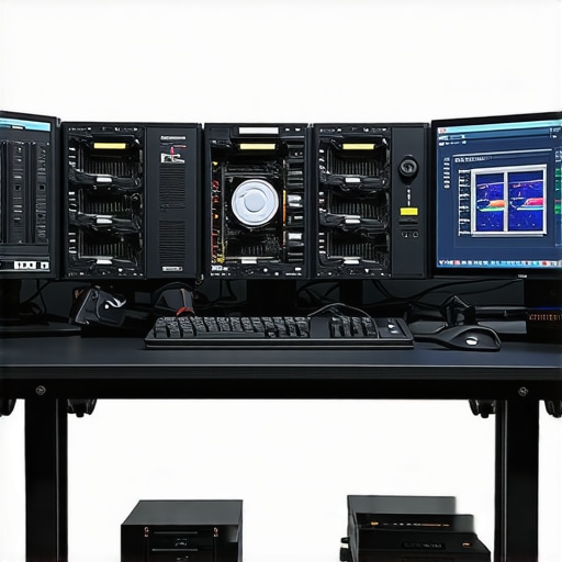 A professional workstation setup with thermal imaging tools, organized cables, and cooling hardware.