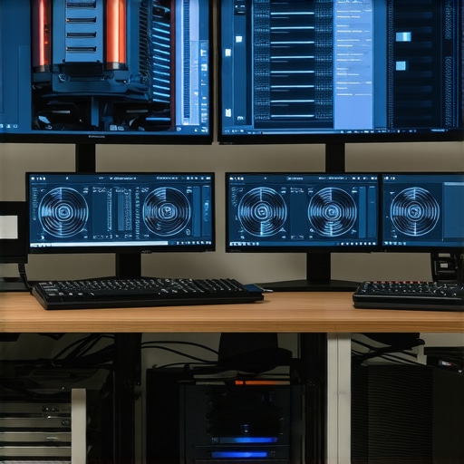 A well-maintained professional workstation setup Modern workstation with calibrated monitors and efficient cooling system.