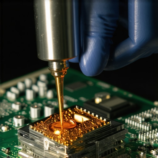 Technician carefully applying liquid metal to a CPU using a small spatula during maintenance