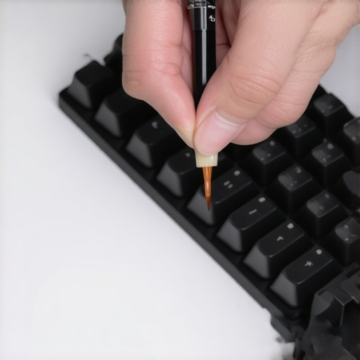 Person lubricating stabilizer in mechanical keyboard with a small brush in a workspace.