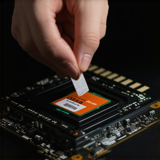 Person spreading thermal paste evenly on CPU surface with a plastic card in a workspace.