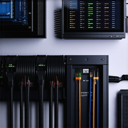 A tidy workstation featuring organized cables, dust management, and system monitoring displays.
