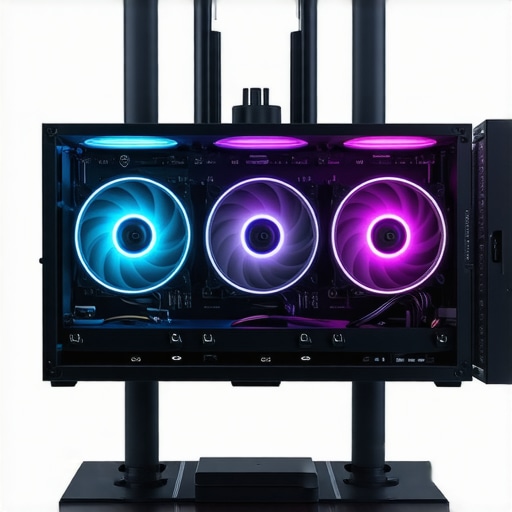 A detailed view of a high-performance workstation with custom liquid cooling components, radiators, and colorful fans.