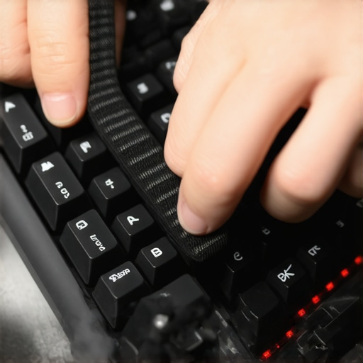 Hands using tools to open a mechanical keyboard with an anti-static wrist strap