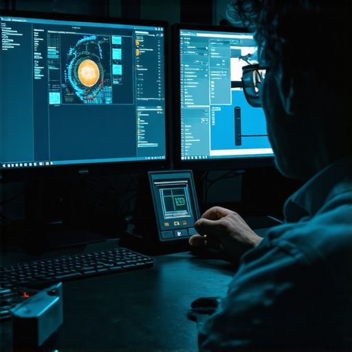 Dual monitor calibration setup with colorimeter Person calibrating two monitors using a colorimeter in a workspace