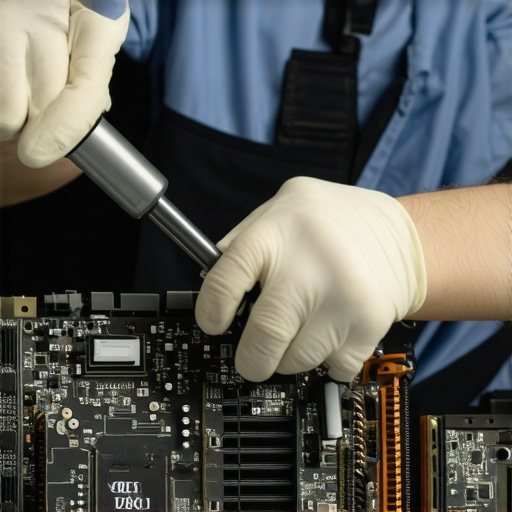 Effective Maintenance Tools for Workstation PCs. Technician using compressed air and anti-static wrist strap to clean a high-end workstation.