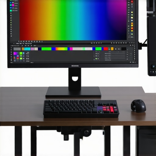 A workspace featuring a calibrated professional monitor, powerful PC, and mechanical keyboard for creative professionals.