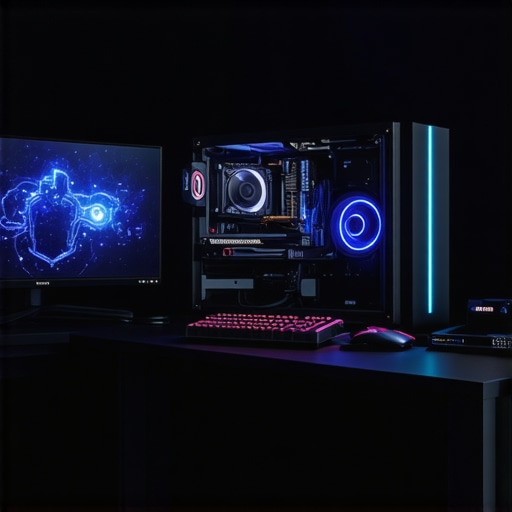 High-performance workstation setup with cooling, monitor, keyboard, and storage A sleek workstation with advanced cooling system, professional monitor, mechanical keyboard, and NVMe SSDs