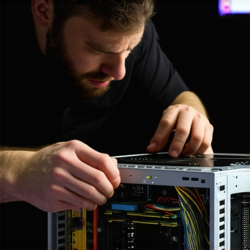 Technician inspecting the internal components of a desktop power supply unit for noise sources.