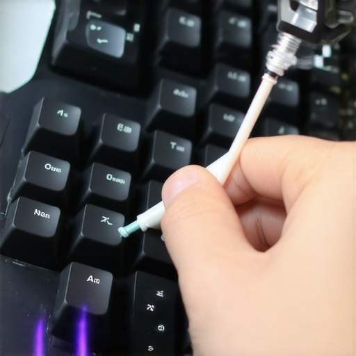 Person applying lubricant to mechanical keyboard stabilizers with a precision tool