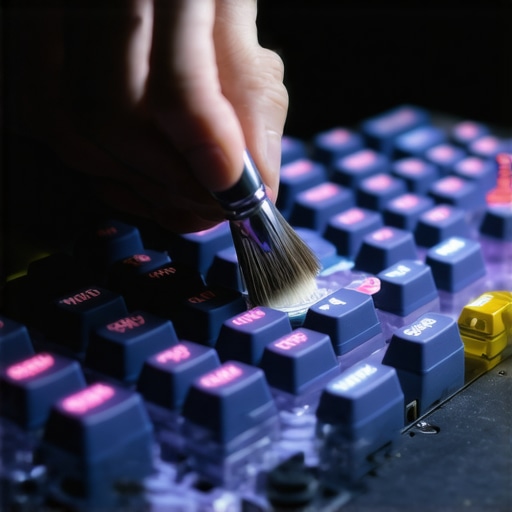 Lubricating Mechanical Keyboard Switches for Smooth Typing A detailed image showing hand applying lubricant to mechanical keyboard switches with a small brush, highlighting the importance of proper maintenance.