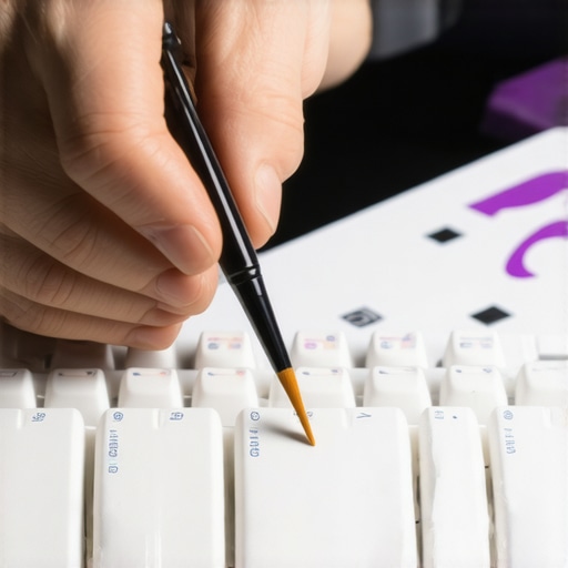 Lubricating Mechanical Keyboard Switches for Smoothness Close-up image of hand lubricating keyboard switches with a brush in a workspace setting