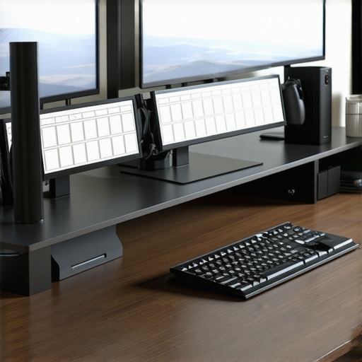 A clean, upgraded computer workspace with professional monitors and ergonomic accessories.