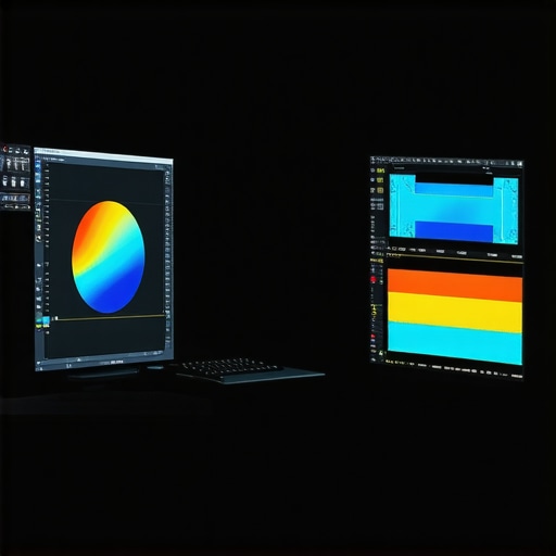 A professional workspace showing monitor calibration tools and test images for color accuracy