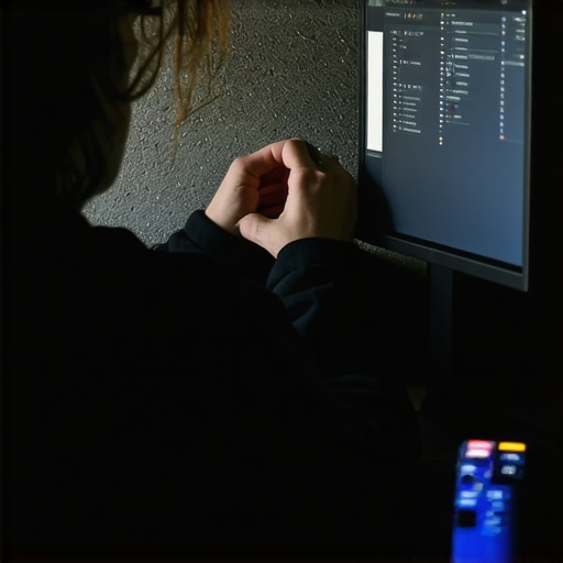 Person fine-tuning LCD monitor settings in a dim environment