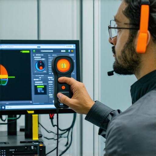 Technician checking temperature sensors and data on a computer monitor in a high-tech workstation setup.