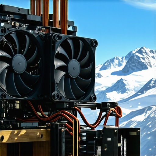 A desktop PC with advanced cooling system set up in a mountain cabin environment