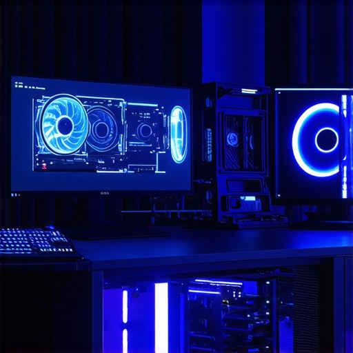 Optimized PC Components in a High-End Workspace A clean, organized high-end workstation with cooling system, professional monitor, and SSD storage