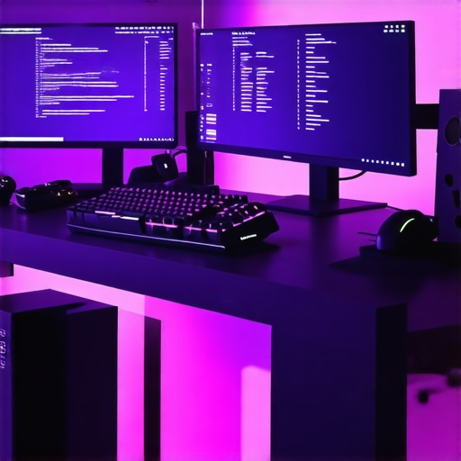 A professional workstation featuring multiple color-calibrated monitors, mechanical keyboard, and advanced cooling system