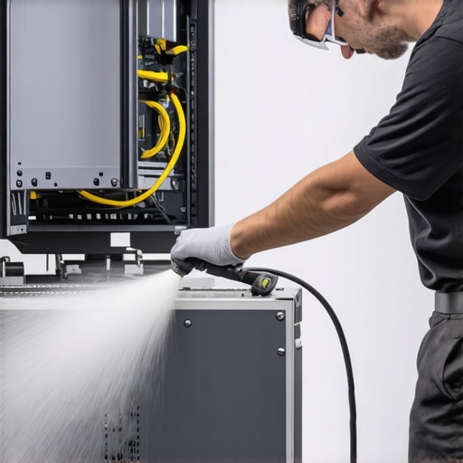 Technician cleaning dust from a workstation with compressed air and tools