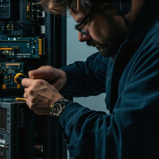 Tech inspecting and cleaning a workstation PC with thermal sensors and tools