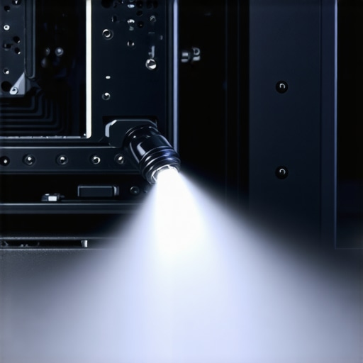 Professional PC Maintenance Tools in Action Tech cleaning dust from a gaming PC with compressed air and thermal monitoring software.