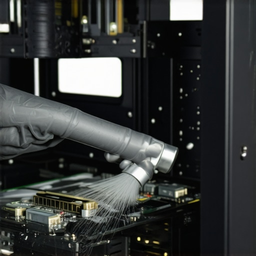A technician carefully cleaning a high-performance workstation using compressed air to remove dust and debris.