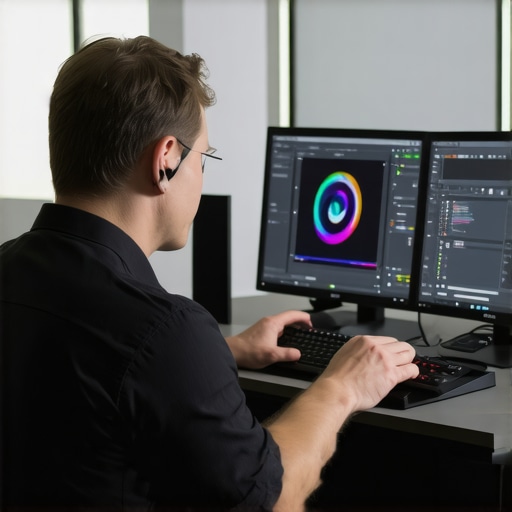 Professional Workstation Maintenance Tools A technician inspecting SSDs and using calibration tools for professional monitors.