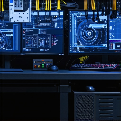 Professional Workstation with Advanced Cooling A high-end PC workstation featuring custom cooling solutions, multiple screens, and neatly arranged cables.