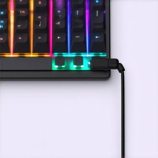 Close-up of a USB-C cable plugged into a mechanical keyboard