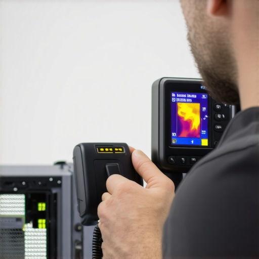 Thermal Monitoring for Workstation Maintenance A technician checks the temperature of a workstation using a thermal camera to ensure proper cooling.