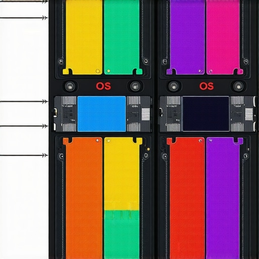 Digital illustration of a computer SSD showing segmented partitions labeled for OS, projects, and archive.