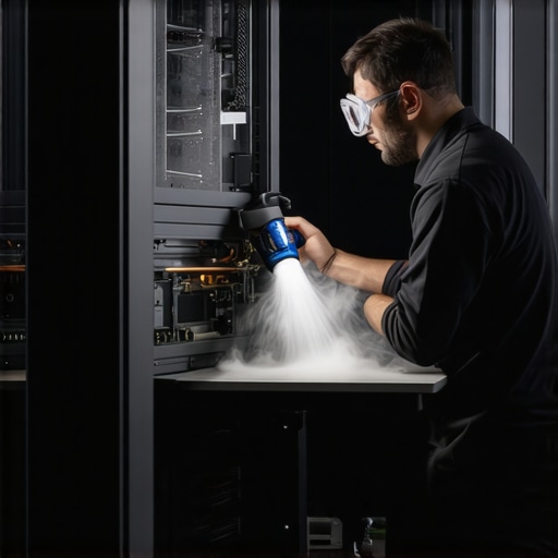 Technician cleaning a workstation's interior with compressed air to maintain cooling efficiency.