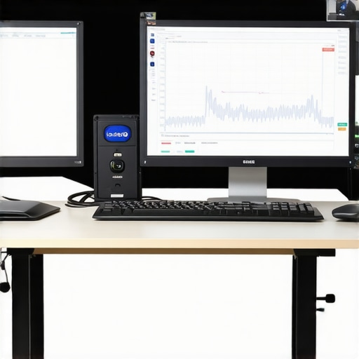Workstation with Calibration and Cooling Devices A professional workstation setup showing calibration tools, ambient temperature sensors, and cooling solutions to maintain display stability.
