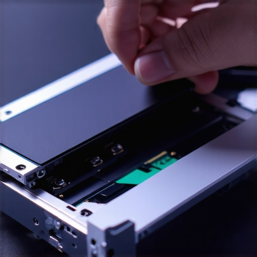 Close up of a thermal pad being applied to an NVMe SSD inside an external enclosure to prevent overheating.