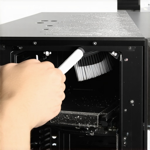 Close up of cleaning dust from a computer workstation using specialized tools