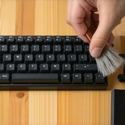 Cleaning a mechanical keyboard with a brush Close-up of a brush cleaning dust from between mechanical keyboard keycaps
