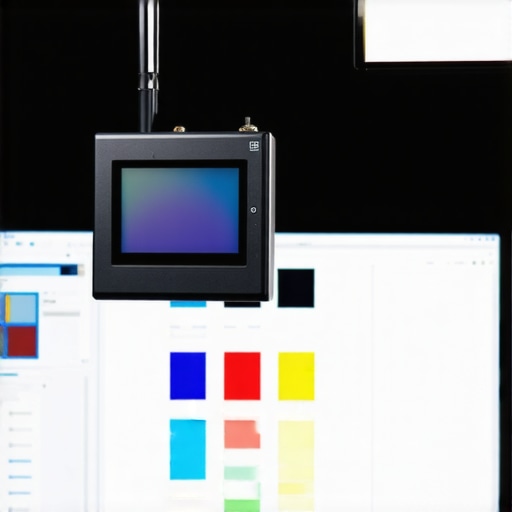 Hardware color calibration in progress Close-up of a colorimeter sensor calibrating a professional monitor in a dark room