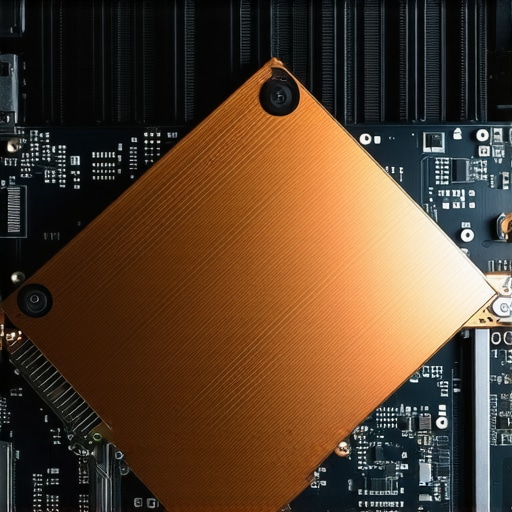 High Performance SSD Heatsink Installation Close up of a professional NVMe SSD with a thermal heatsink on a motherboard.