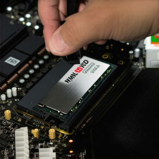 A technician installing a Gen5 SSD with a thermal heatsink on a workstation motherboard