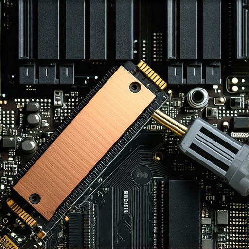 Installing a High-Performance NVMe SSD with Heatsink A macro shot of an SSD being installed into a workstation motherboard with a specialized heatsink.