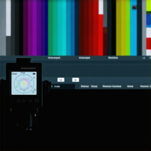A colorimeter sensor calibrating a professional monitor in a dark editing suite.