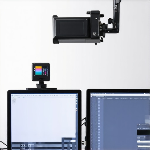 Professional Monitor Bias Lighting Setup A professional workstation setup with bias lighting and a calibration sensor hanging on the display.