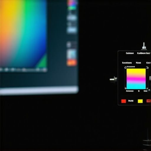 A colorimeter sensor calibrating a professional monitor for color accuracy.