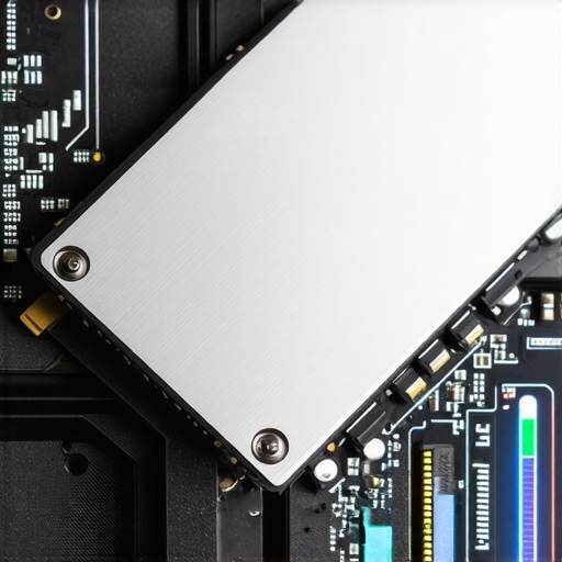 Professional NVMe SSD Thermal Management Close up of an NVMe SSD with a thermal heatsink installed on a motherboard.